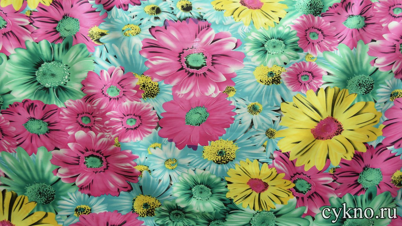 Атлас принт разноцветные крупные цветы