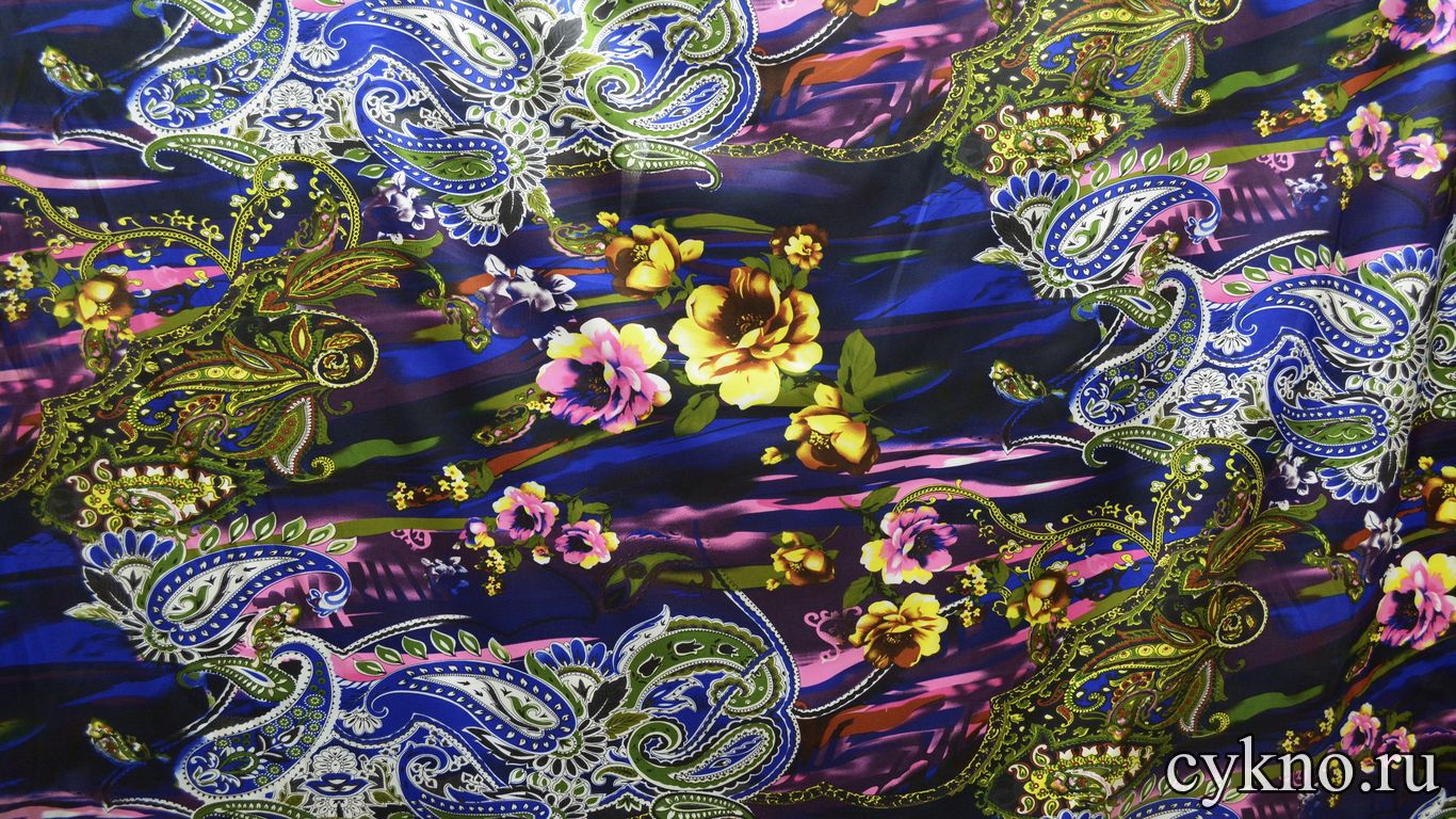 Атлас принт турецкий огурец сине-зеленого цвета