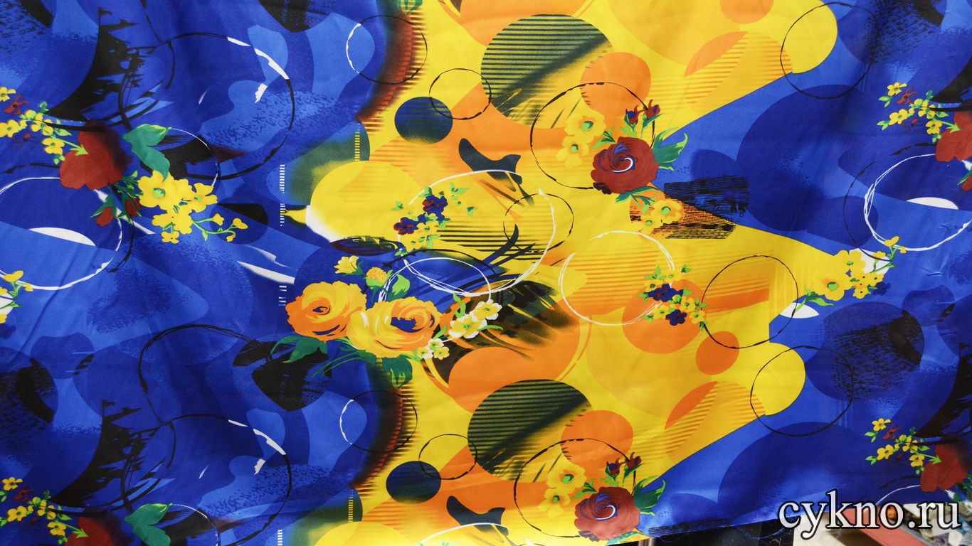 Атлас принт сине-желтые цветы