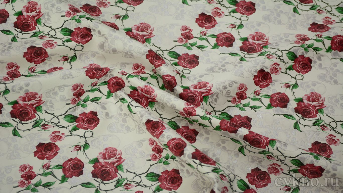 Кожзам с принтом "Красные розы с черепами"