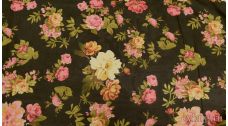 Шифон Набивной "Красно-желтые розы на черном"
