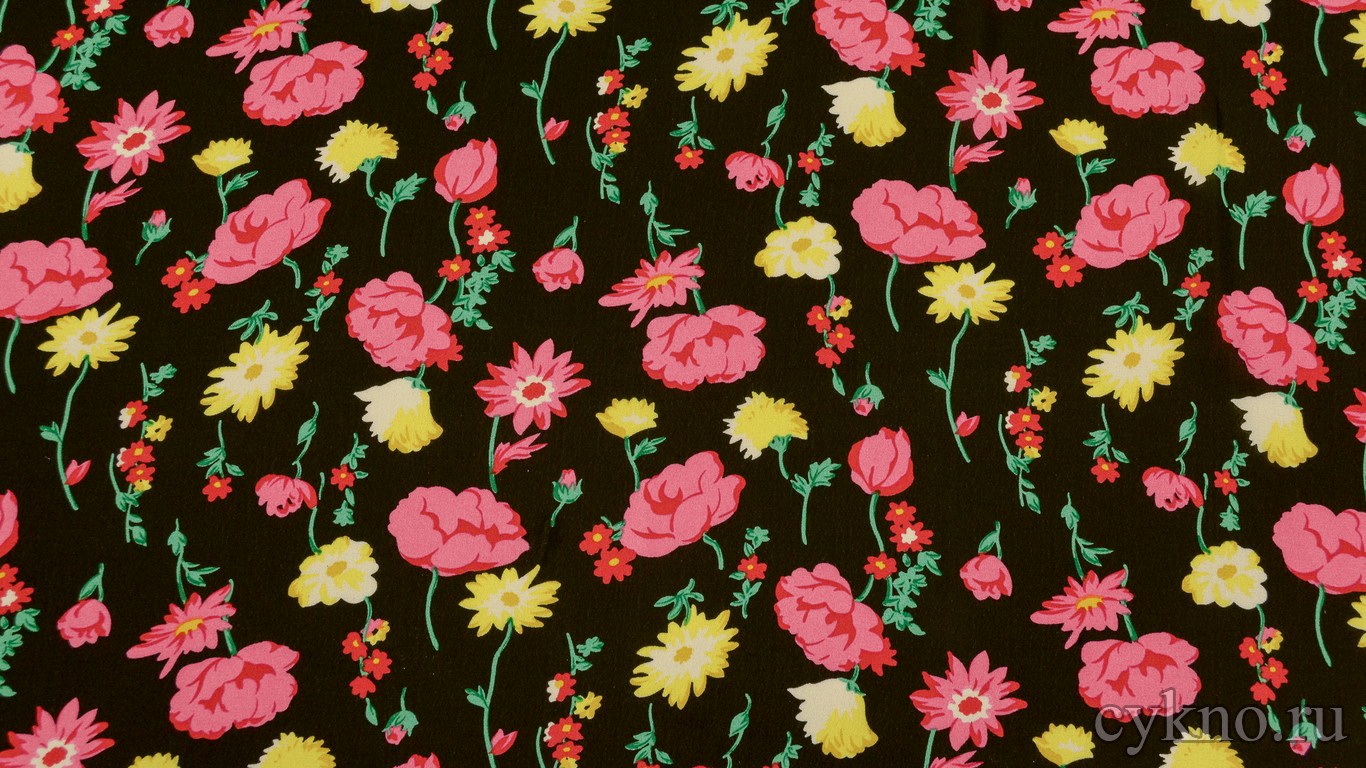 Шифон Набивной "Розовые маки на черном"