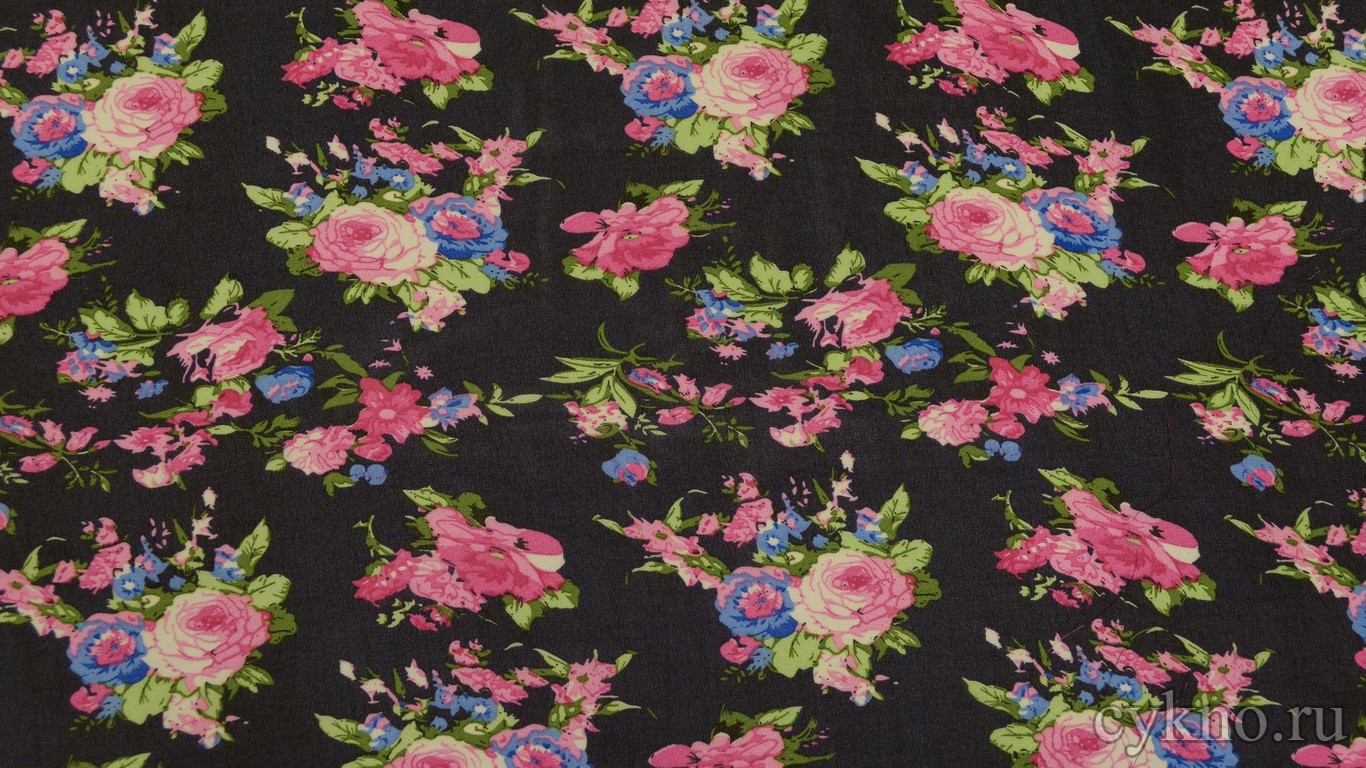 Шифон Набивной "Розовые и голубые цветы"