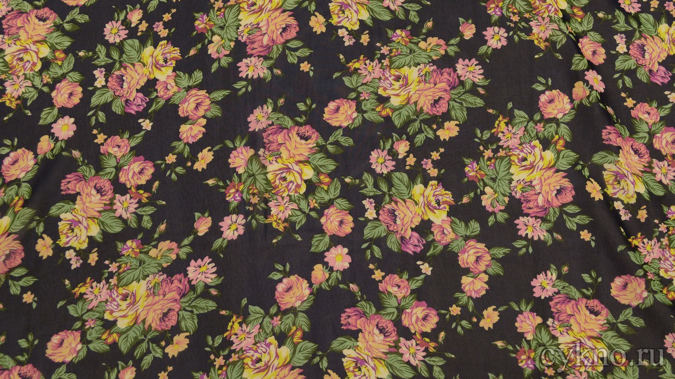 Шифон Набивной "Желтые и розовые розы"