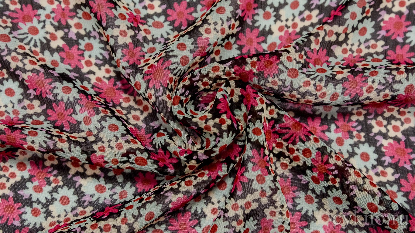 Шифон Набивной "Розово-бирюзовые цветы"