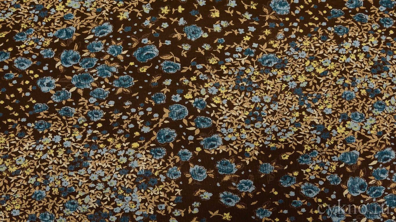 Ткань Трикотаж "Синие цветы на коричневом"